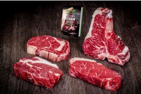 Die besten Steaks des Rinderrückens in einem Paket: T-Bone mit Roastbeef und Filet über Rumpsteak, Rib Eye und Prime Rib.  Außerdem erhaltet Ihr das Kleine Steak Buch von yourbeef gratis im Paket.